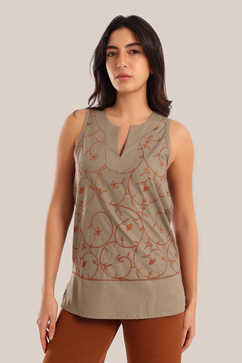 Embroidered cotton sleeveless top
